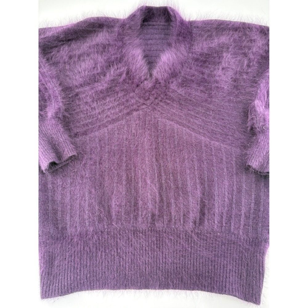 Vintage Angora 80/20 Blend Purple V-Neck Ribbed Knit Sweater Made in Korea